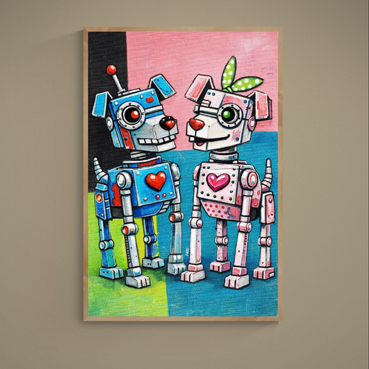 Two colorful robot dogs facing each other with heart emblems in bold naive pop art style