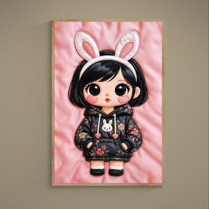 Kawaii Bunny Bloom museum-quality matte poster, big-eyed bunny in floral hoodie on pink with quilted applique look