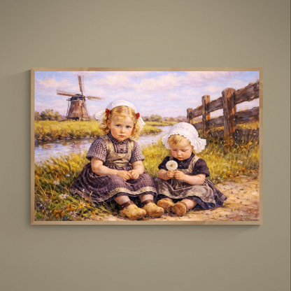 Dutch pastoral poster of two children by a stream with windmill, fence, meadow, and warm beige-blue tones