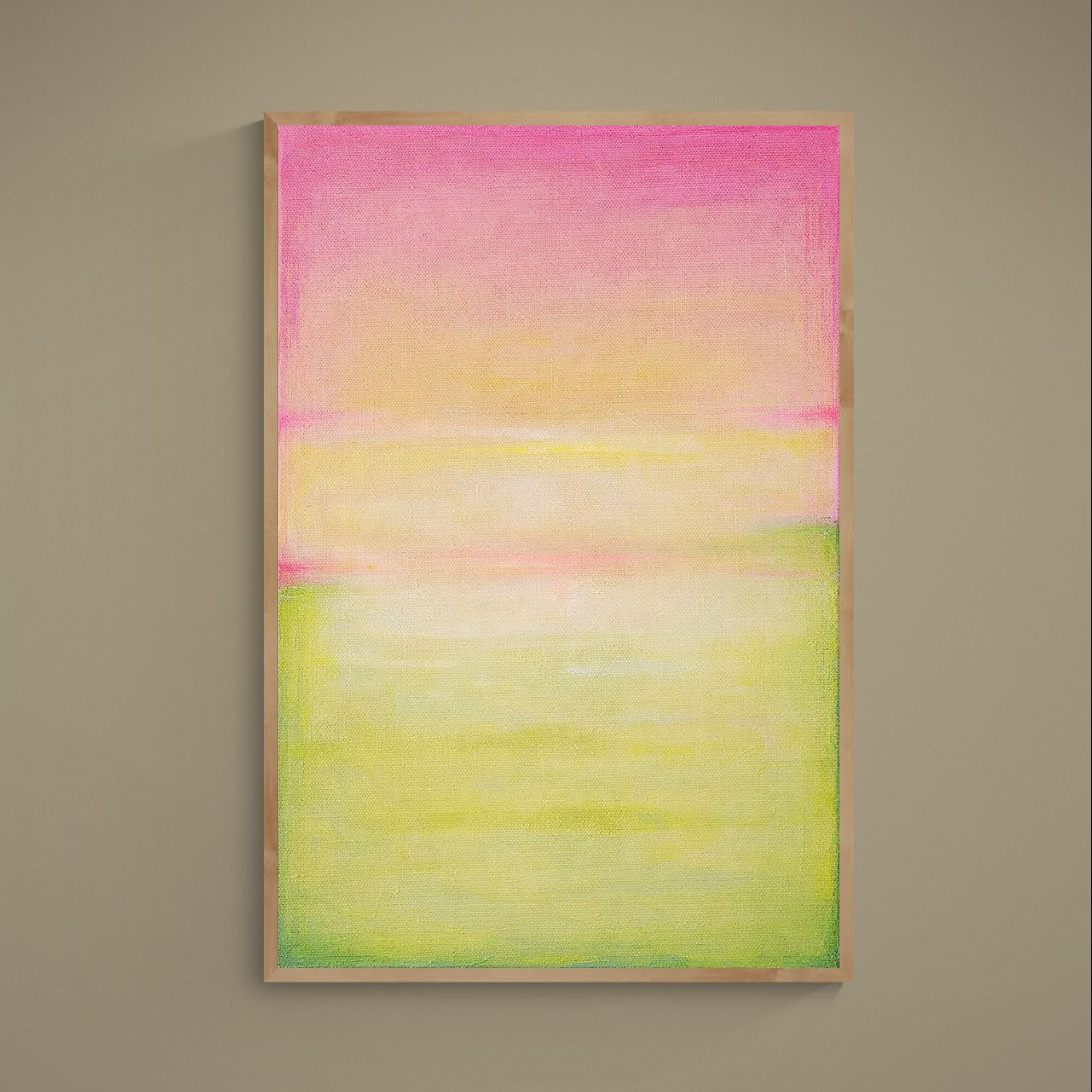 Vertical abstract poster with horizontal pastel pink, yellow and green gradient bands on matte paper