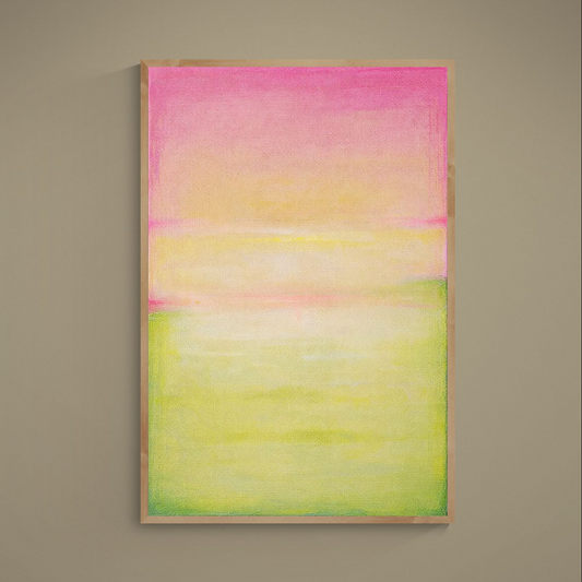 Vertical abstract poster with horizontal pastel pink, yellow and green gradient bands on matte paper