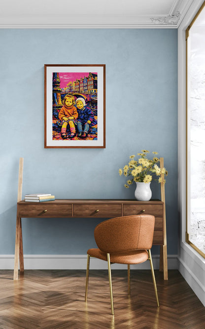 Canal-Side Companions, Amsterdam Pop-Art Matte Paper Poster