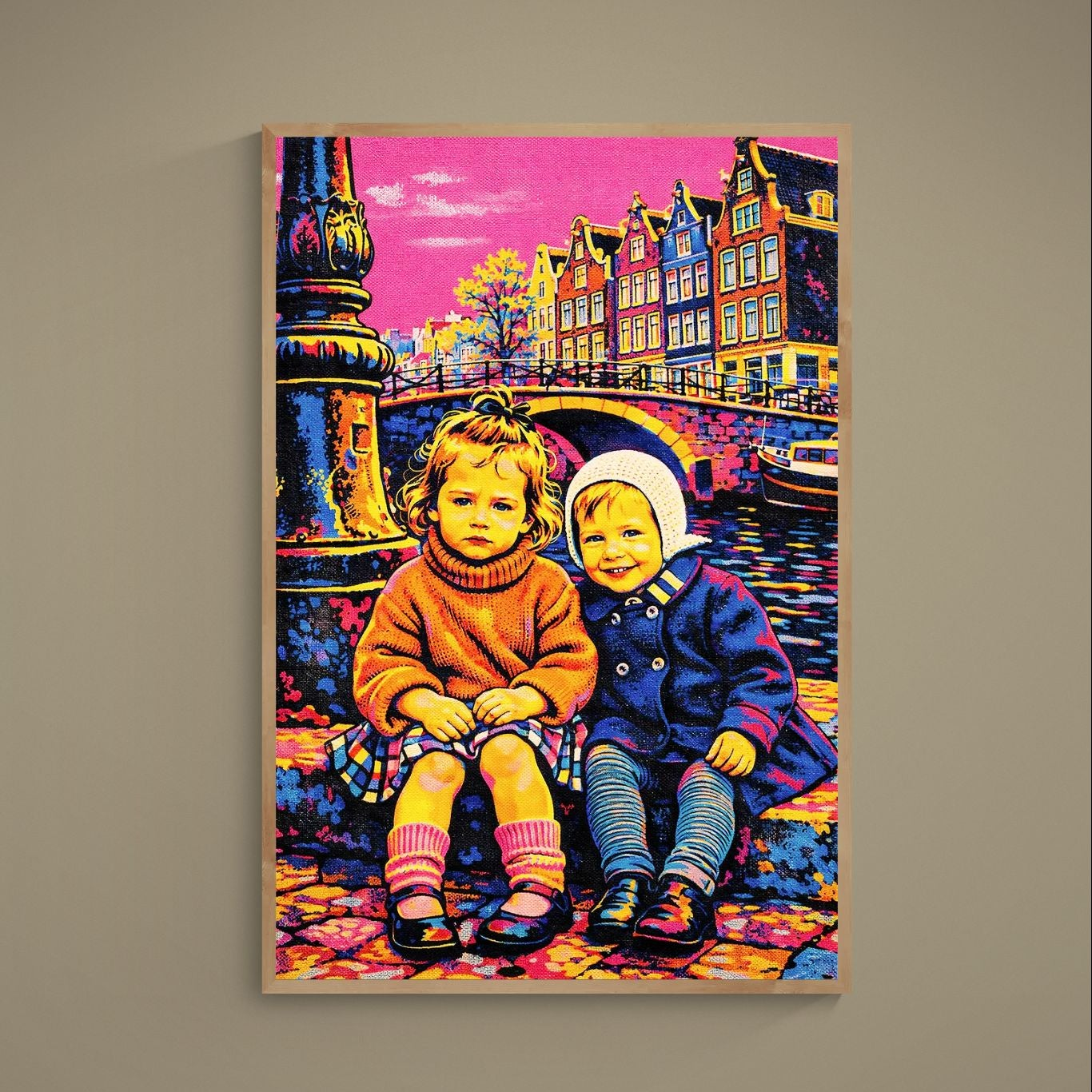 Pop-art Amsterdam canal poster with two children, bridge, pink sky, and Dutch gabled houses
