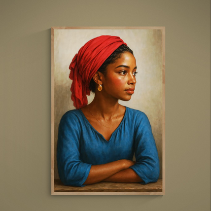 Portrait poster of a woman in a red headwrap, blue blouse, and gold jewelry on beige background