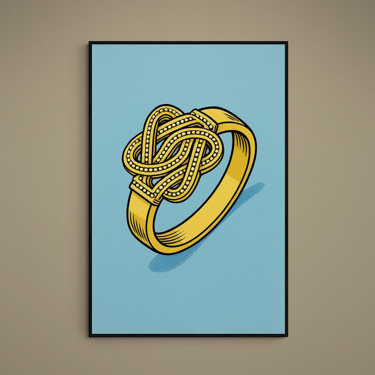 Gold knotted Suriname ring illustration on blue background with black linework and bead detail