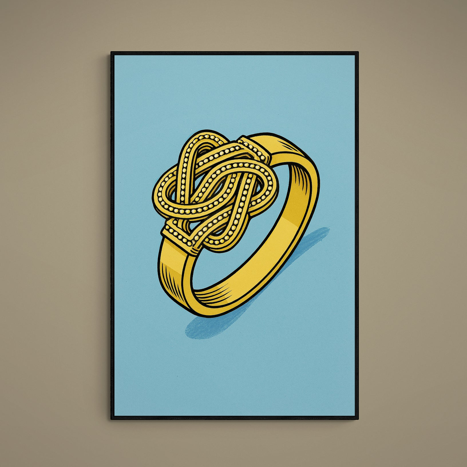 Gold knotted Suriname ring illustration on blue background with black linework and bead detail