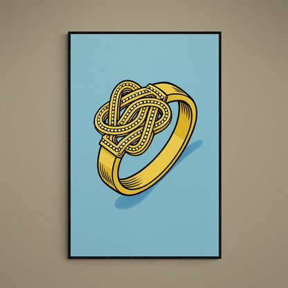 Gold knotted Suriname ring illustration on blue background with black linework and bead detail