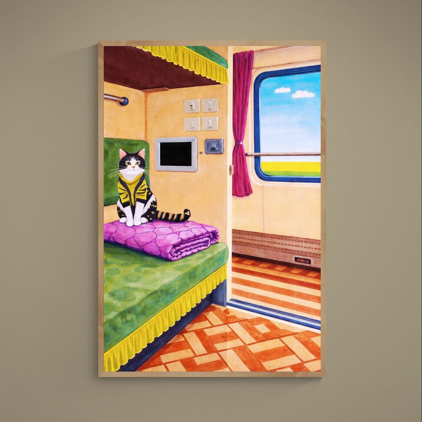 Cat on train matte paper poster in pop-art style, retro sleeper train scene with bold outlines and bright colors.