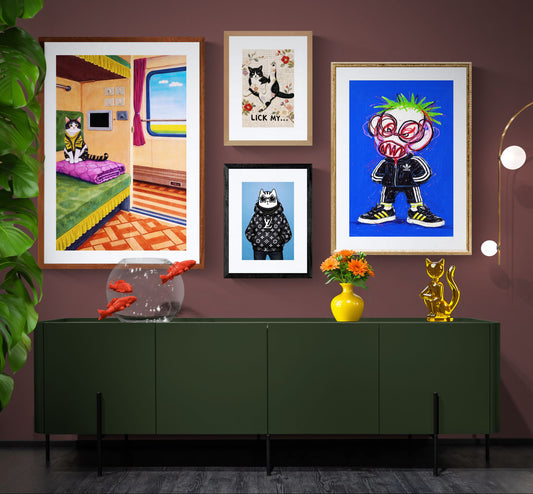 Cat on Train Matte Paper Poster Pop-Art - Mid-Century Travel