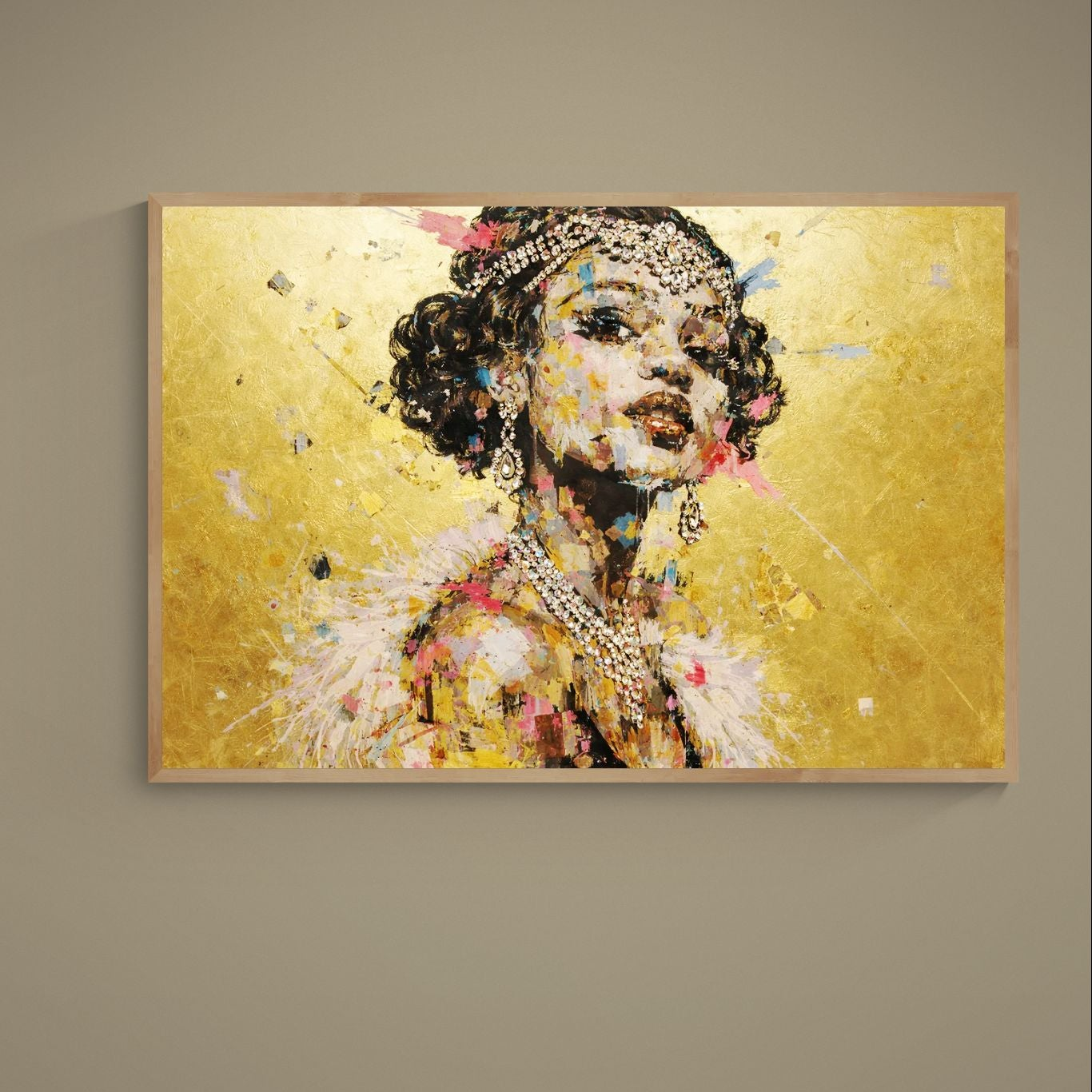 Stylized Black woman portrait on textured gold background with pink, blue, black and jewel-like painted highlights