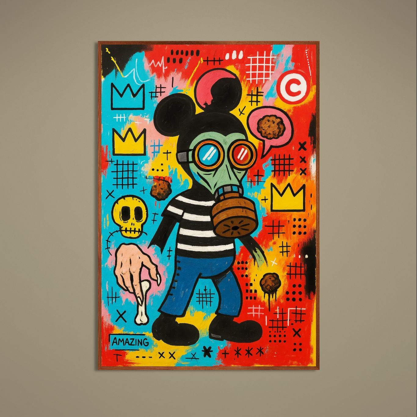 Pop graffiti gas-mask character poster with crowns, skulls and bright multicolor street-art background