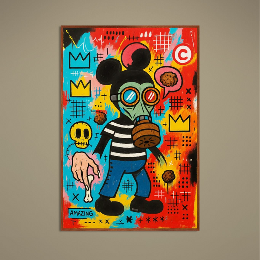 Pop graffiti gas-mask character poster with crowns, skulls and bright multicolor street-art background