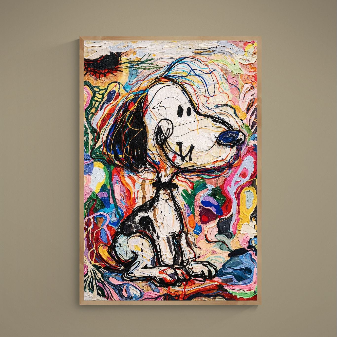 Unframed poster of a seated cartoon dog in black gestural lines on a multicolor abstract painted background