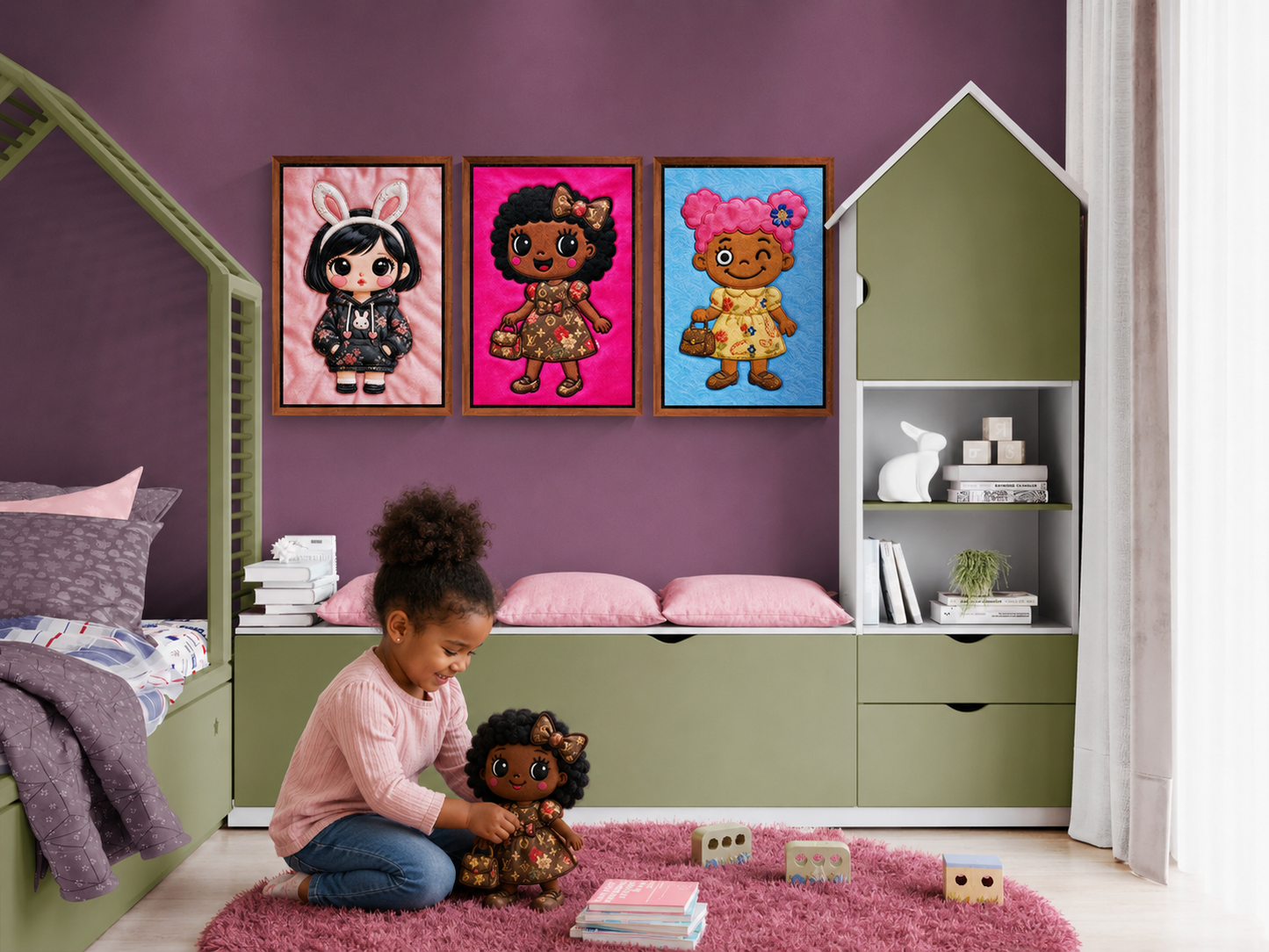 Gerahmtes Leinwandbild, Afro Bow Girl, quilten