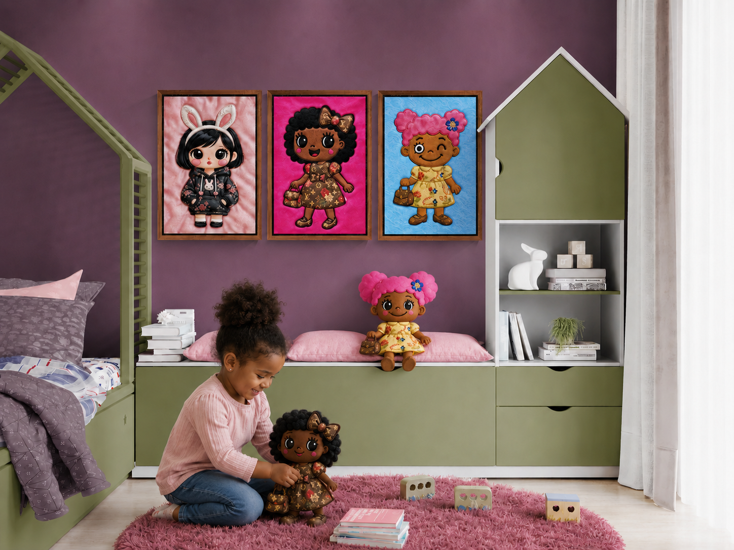 Pink Pigtails Framed Canvas Quilted-Style Kawaii-Style - Pop Art