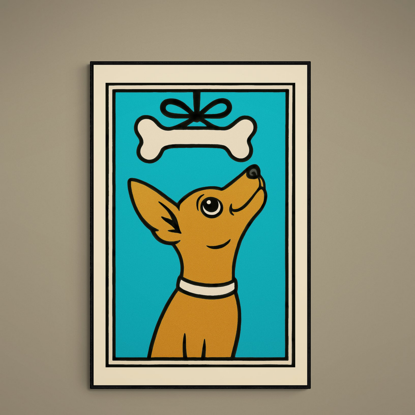 Retro brown chihuahua looking at a bow-tied bone on turquoise field with beige border