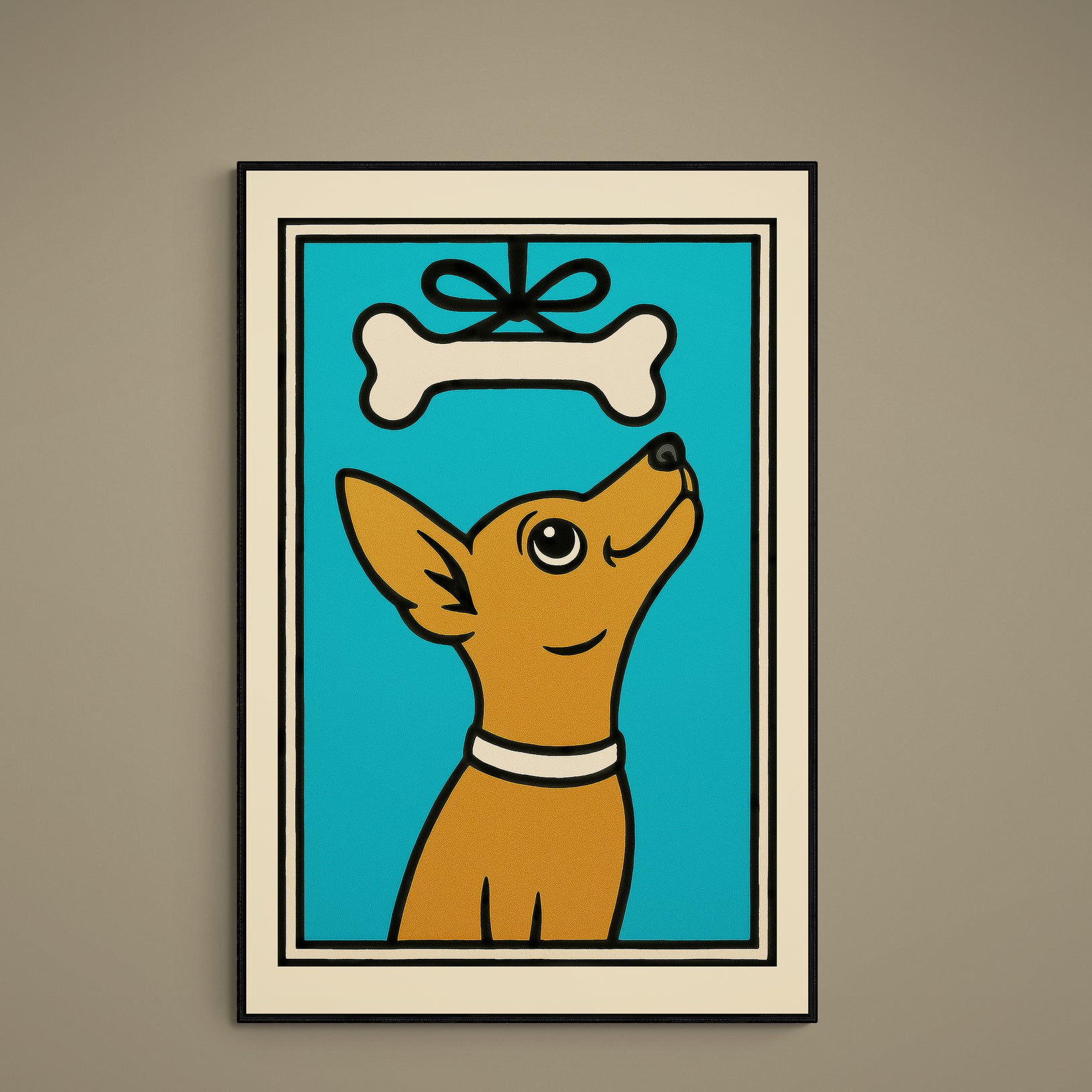 Retro brown chihuahua looking at a bow-tied bone on turquoise field with beige border