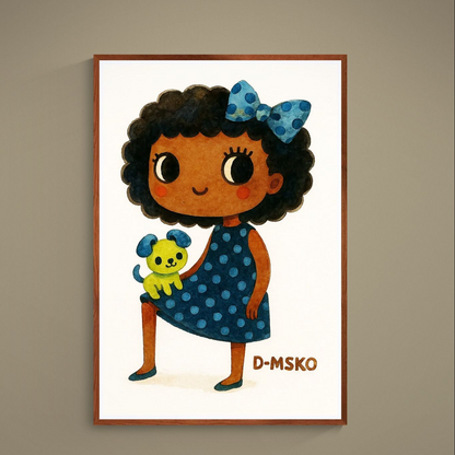 Kawaii girl holding a puppy in blue polka-dot dress on warm cream matte poster