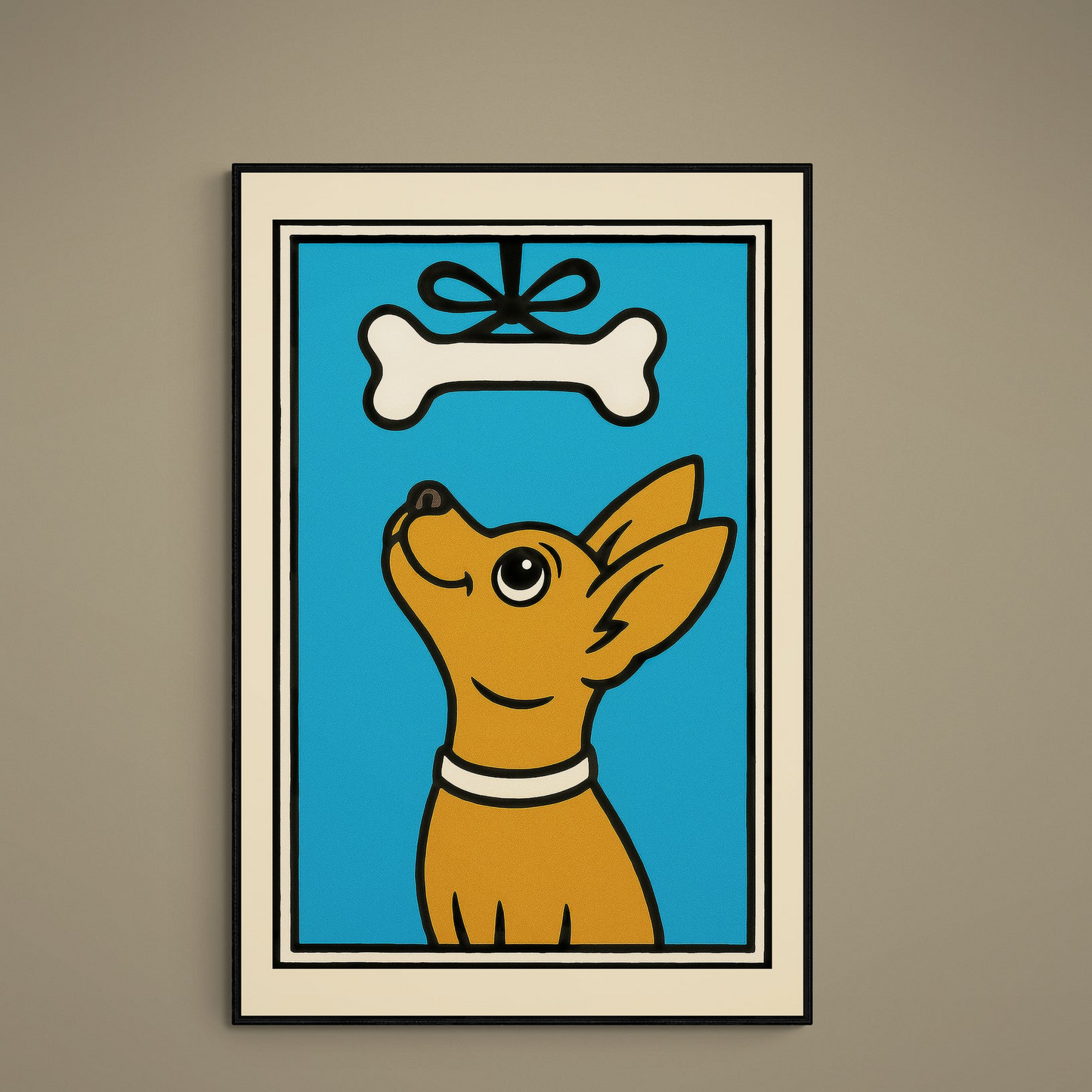 Retro chihuahua poster with brown dog, white bow bone, turquoise background, and cream border