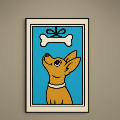 Retro chihuahua poster with brown dog, white bow bone, turquoise background, and cream border
