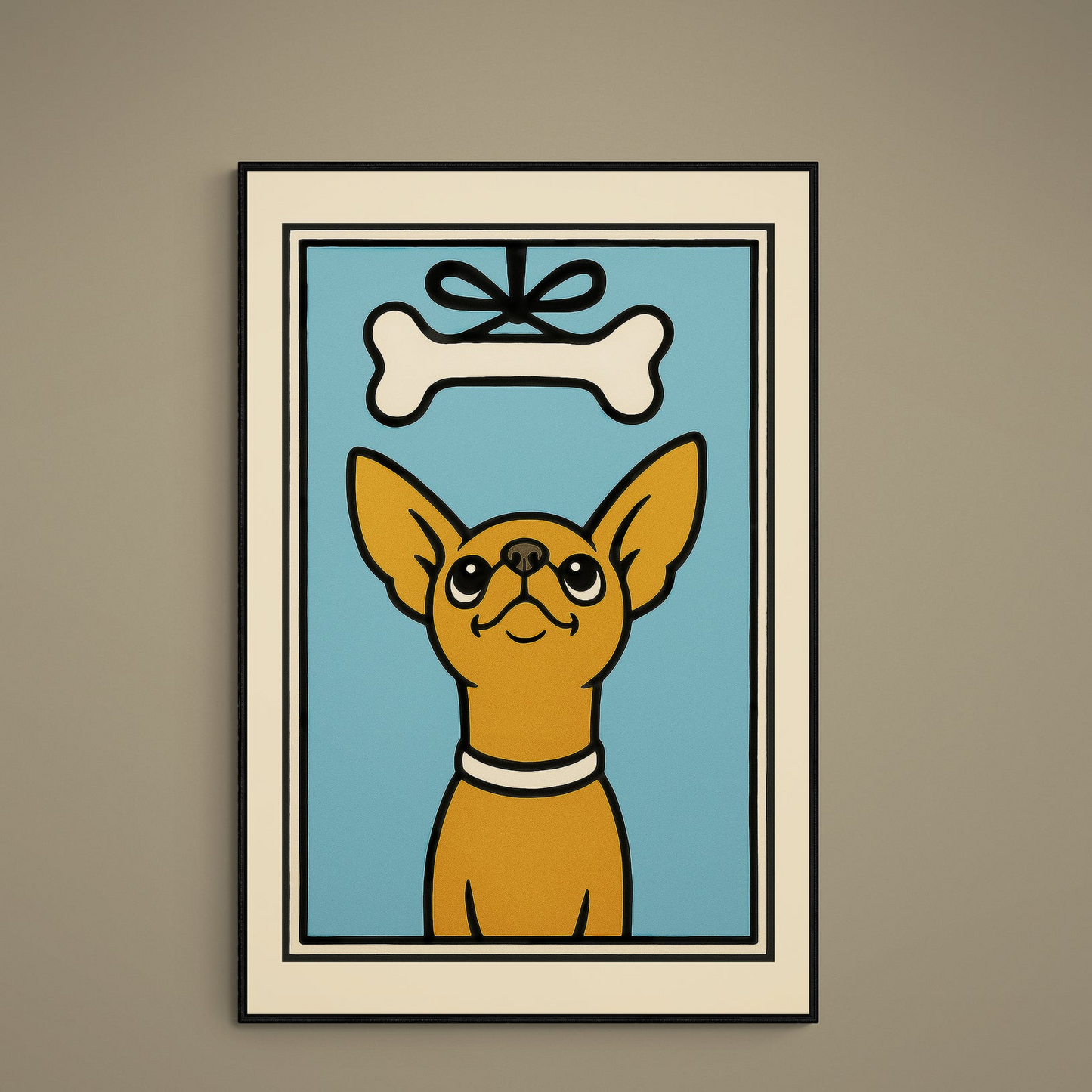 Retro pop-art chihuahua poster with turquoise background, beige border, and oversized bone above the dog