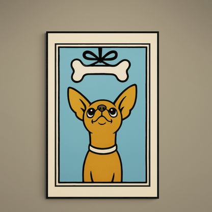 Retro pop-art chihuahua poster with turquoise background, beige border, and oversized bone above the dog