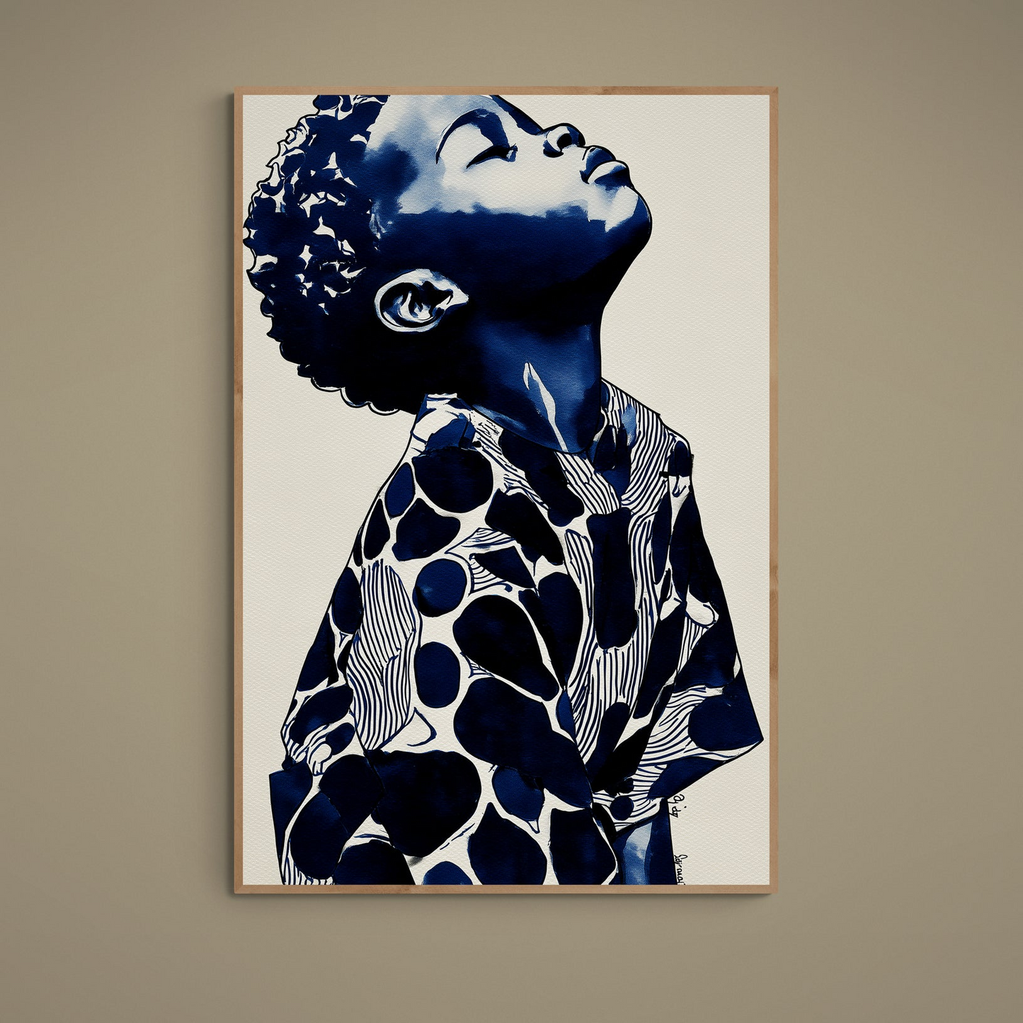 Navy abstract portrait poster on beige textured background in a light wood frame