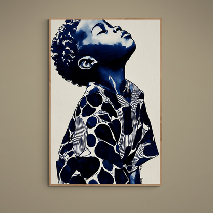 Navy abstract portrait poster on beige textured background in a light wood frame
