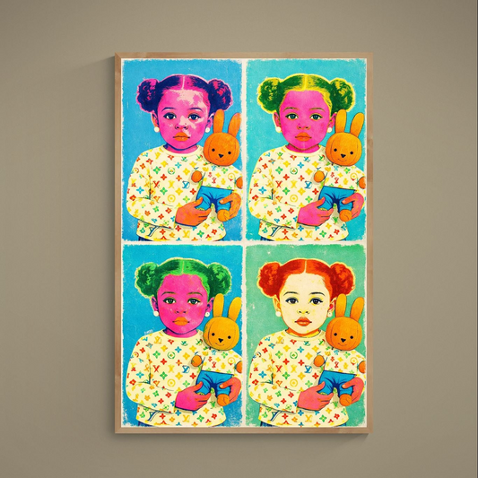 Four-panel pop art portrait of a girl holding a stuffed bunny in bright colors