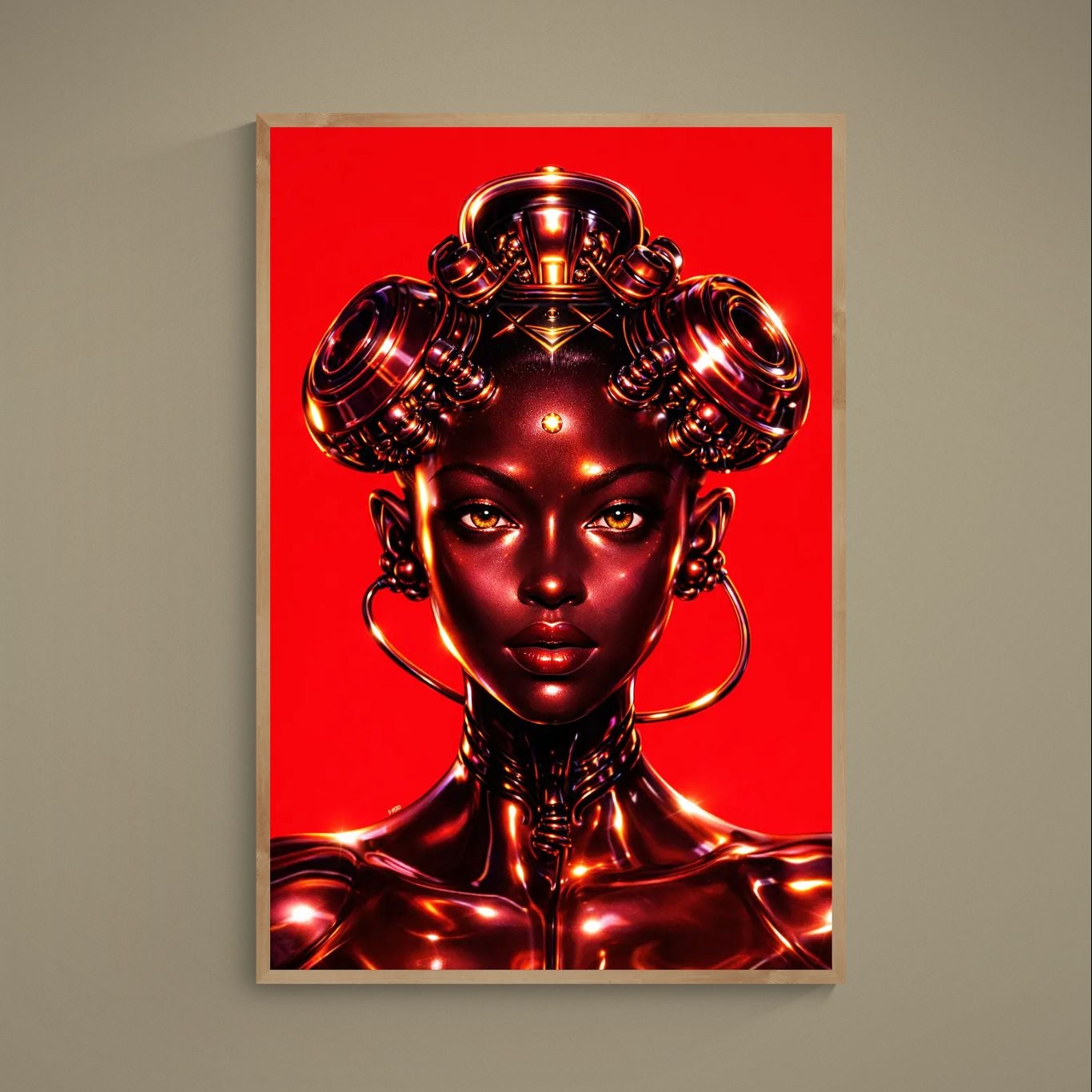 Afrofuturist chrome bust portrait with gold accents, hoop earrings, third-eye jewel, and red background