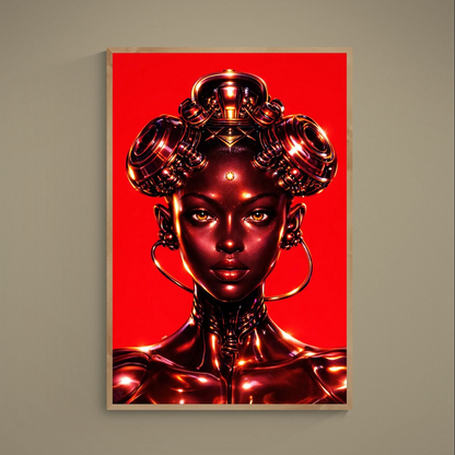 Afrofuturist chrome bust portrait with gold accents, hoop earrings, third-eye jewel, and red background