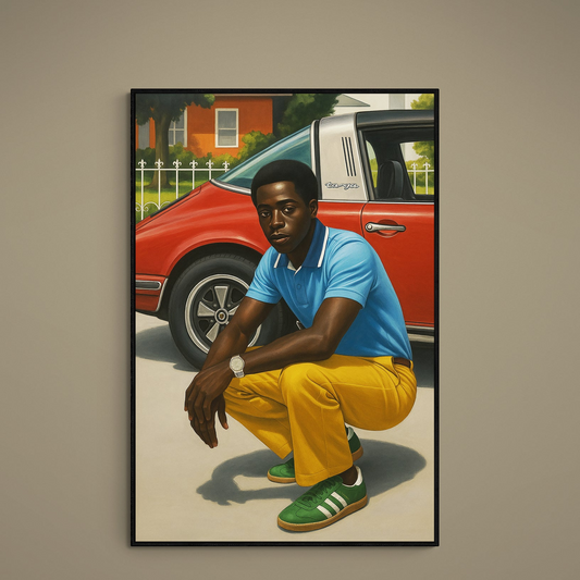 Photorealistic poster of a crouched figure in blue and yellow beside a red Targa-style sports car