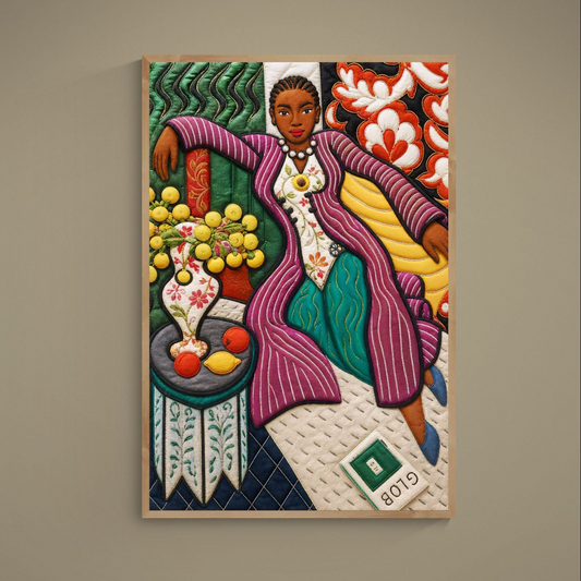 Black woman portrait poster in quilt-inspired style with citrus and floral motifs on museum-quality matte paper.