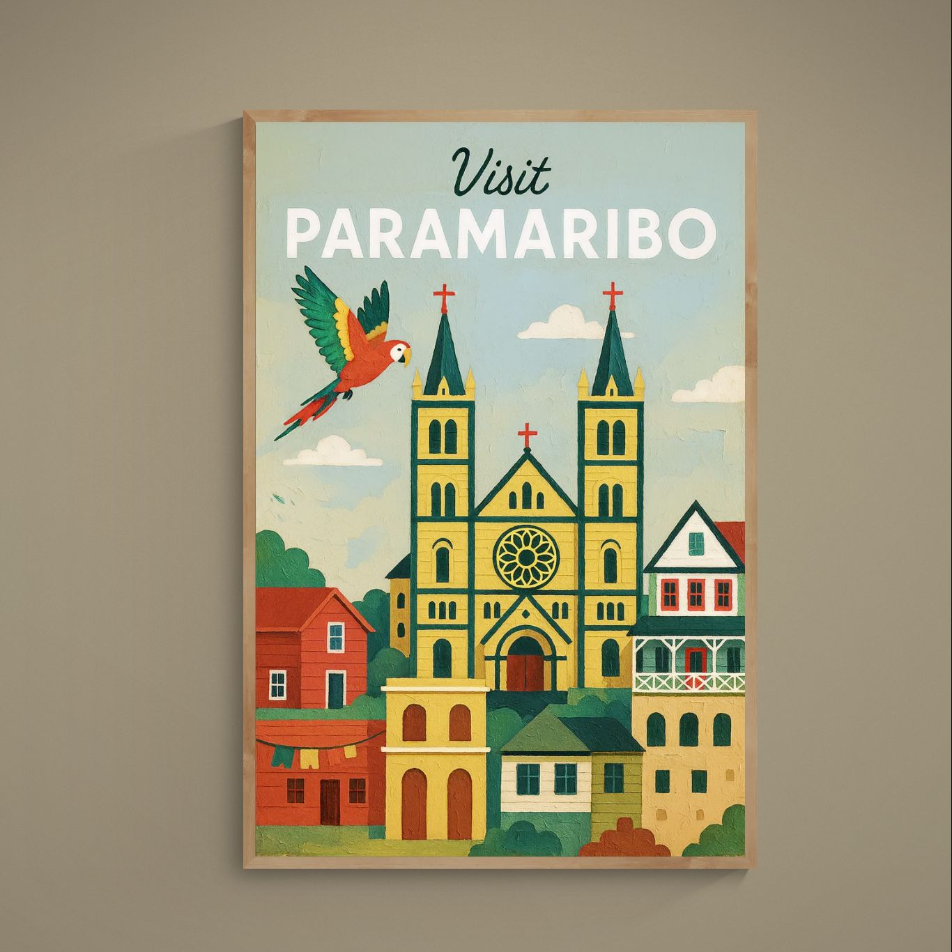 Visit Paramaribo retro travel poster with cathedral, colorful row houses, and flying parrot