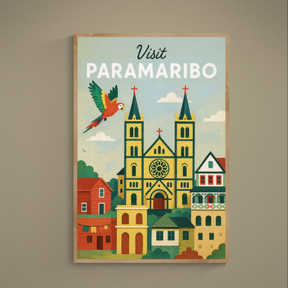 Visit Paramaribo retro travel poster with cathedral, colorful row houses, and flying parrot