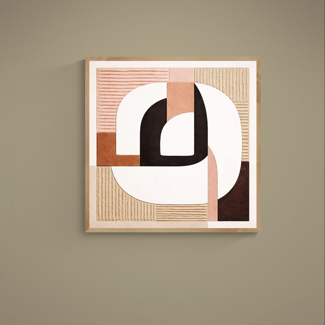 Earth tone abstract poster with geometric arches, ribbed blocks, beige, brown, pink, black and white shapes