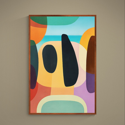 Unframed abstract coastal poster with black organic shapes over colorful horizon blocks