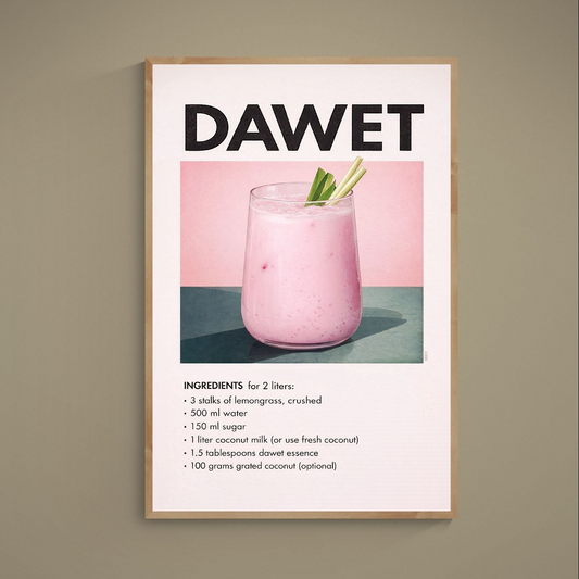 Pink dawet coconut drink poster with bold DAWET typography, green color block, and recipe text