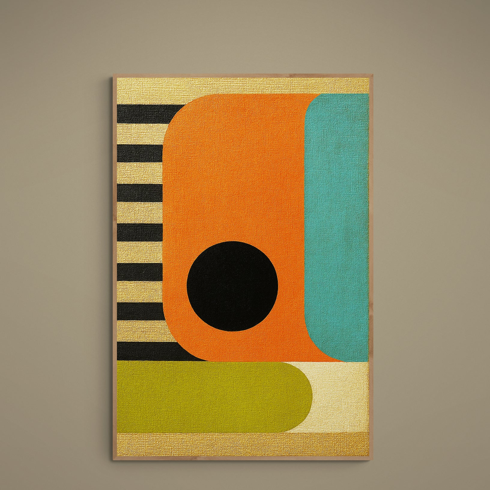Bauhaus geometric poster with orange, turquoise and green blocks, black circle and cream stripes