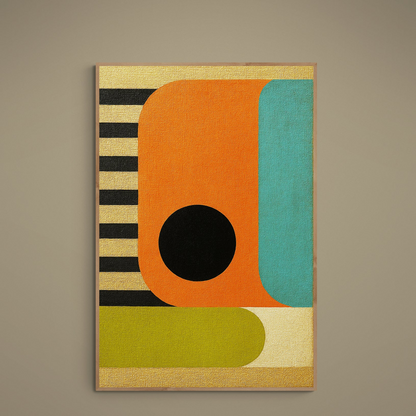 Bauhaus geometric poster with orange, turquoise and green blocks, black circle and cream stripes