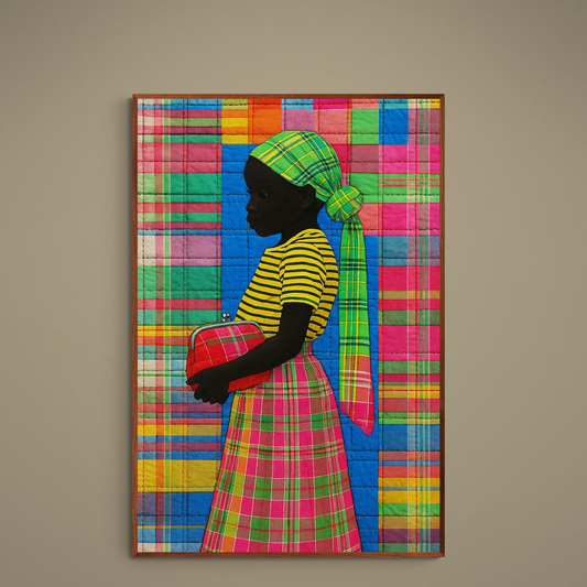 Black profile silhouette with green headwrap on multicolor madras plaid poster and yellow striped top