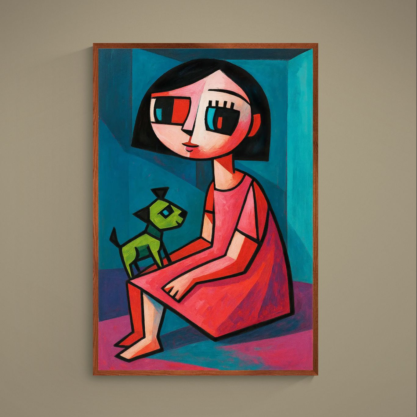 Cubist poster of seated girl holding a green dog with turquoise, pink, red and black color blocks