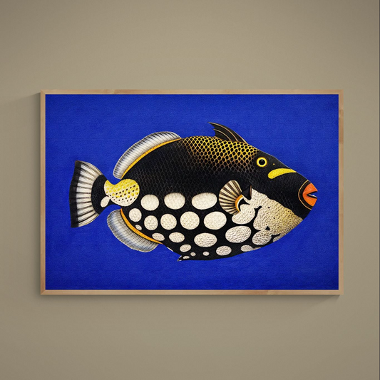 Stylized black triggerfish poster on ultramarine blue with cream scales, yellow dots and orange lip
