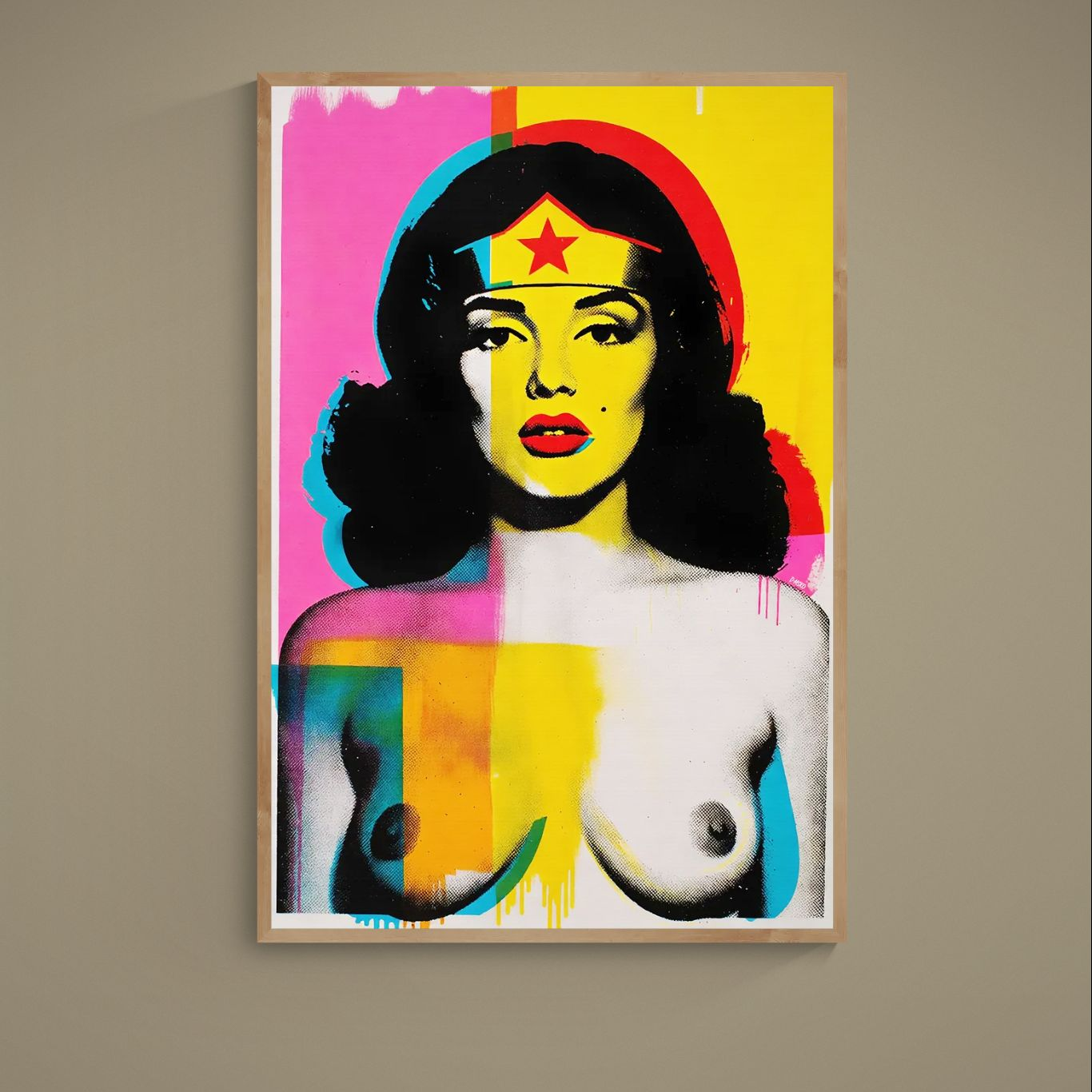 Pop art heroine portrait poster with red star tiara, halftone dots, color blocks, and dripping paint
