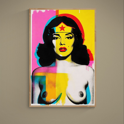 Pop art heroine portrait poster with red star tiara, halftone dots, color blocks, and dripping paint