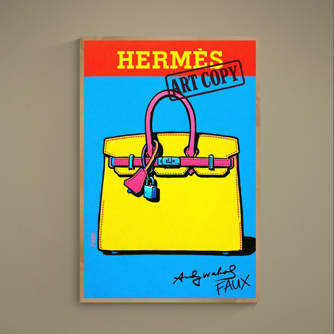 Pop art poster of yellow handbag on blue background with red HERMÈS header and ART COPY stamp