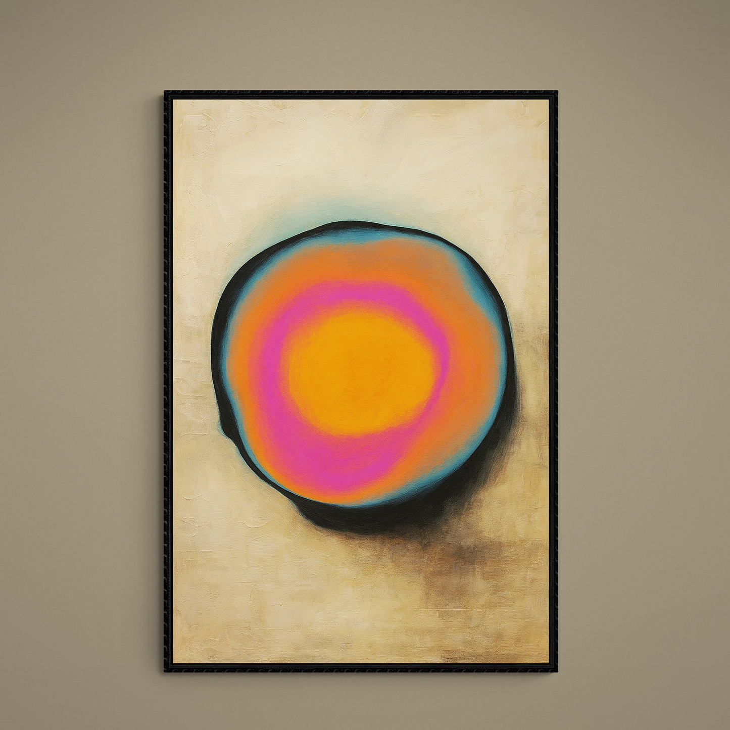 Cosmic Aura abstract poster with orange, pink and turquoise concentric orb on beige background in black frame