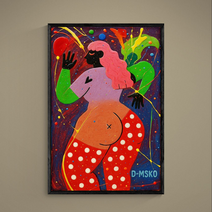 Pop art poster of a woman silhouette with pink hair, red polka-dot pants, and colorful paint splatter background