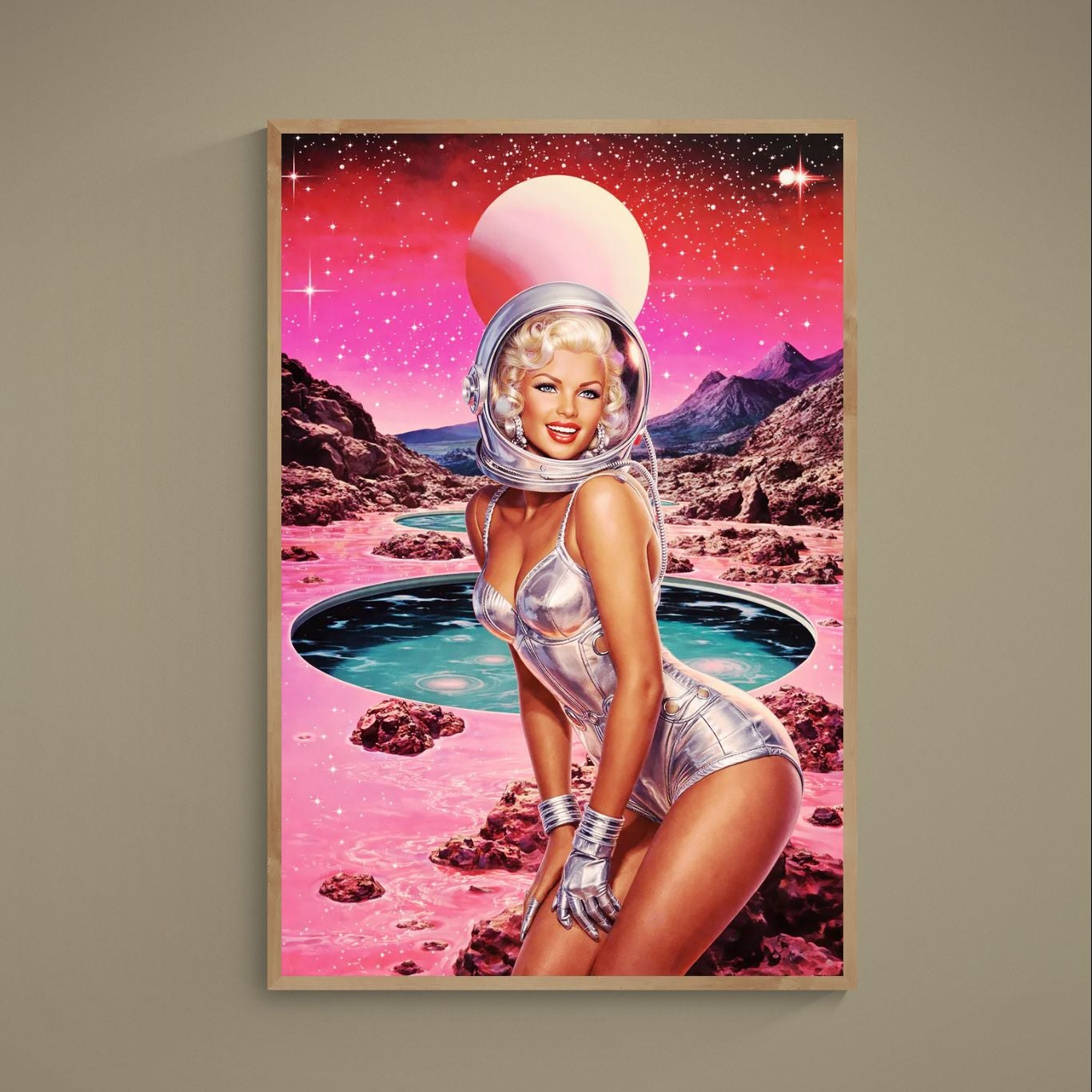 Retro pin-up astronaut in silver suit on pink alien landscape with turquoise pools and starry sky