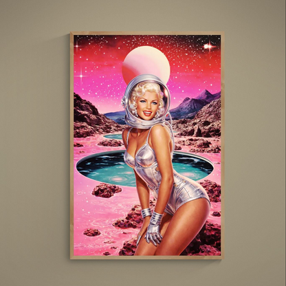 Retro pin-up astronaut in silver suit on pink alien landscape with turquoise pools and starry sky